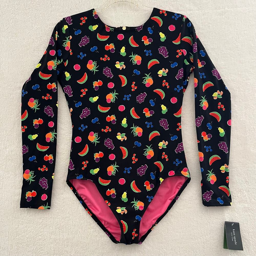 Kate Spade Long Sleeve Rashguard Fruit Print One-Piece Swimsuit Medium NEW